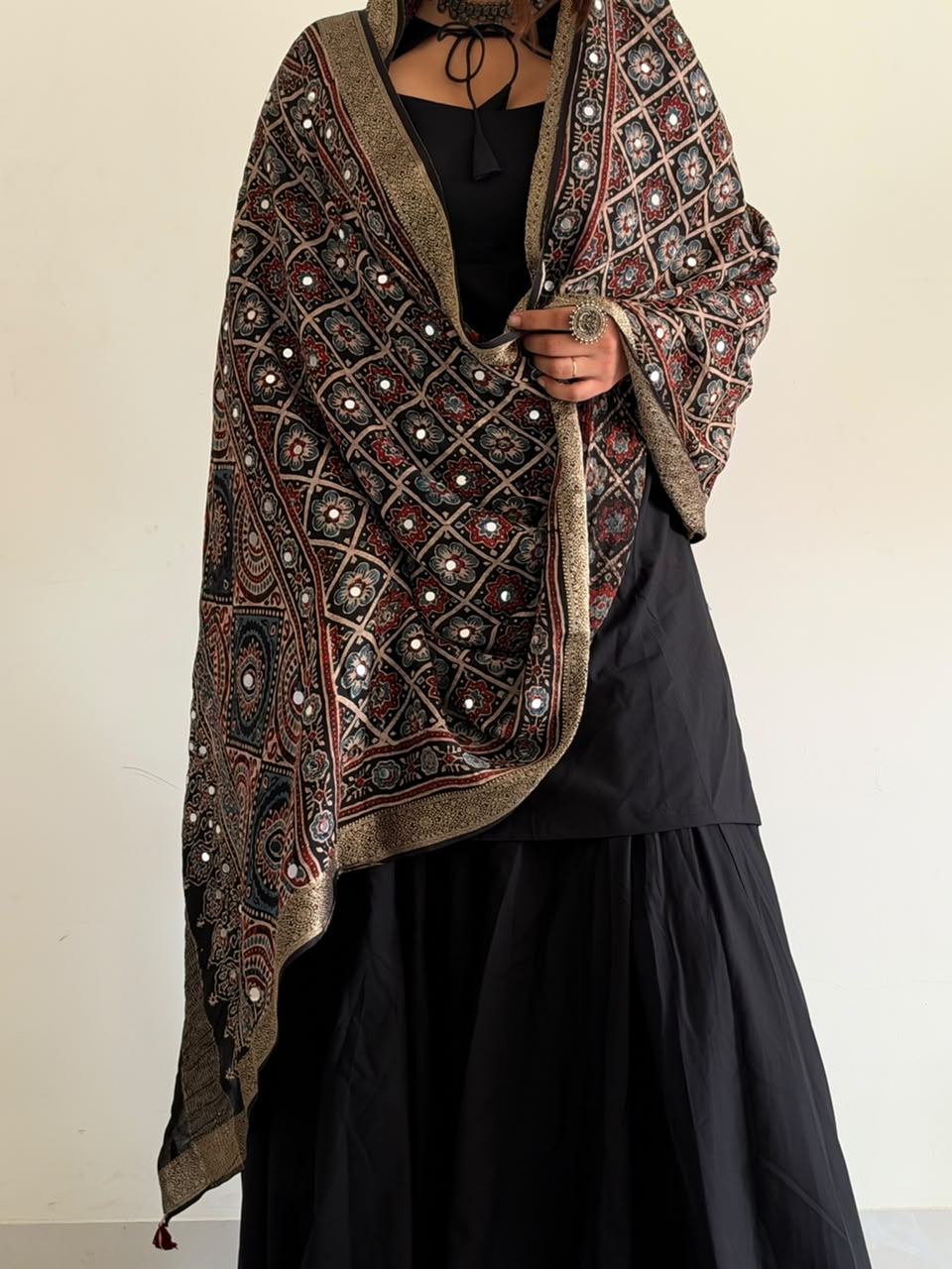 Black ajrakh mirror duppata