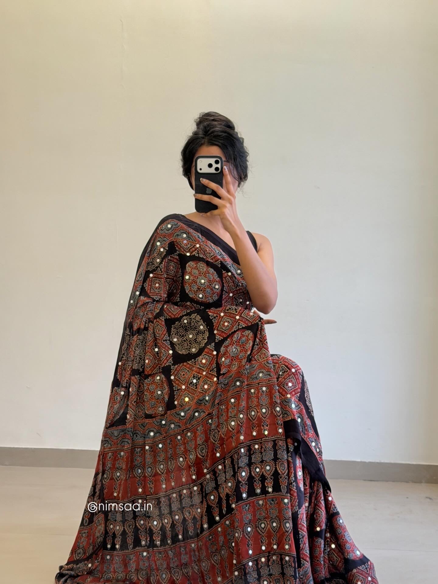 Marie Sheesha Ajrakh Modal Silk Saree along with unstitched blouse