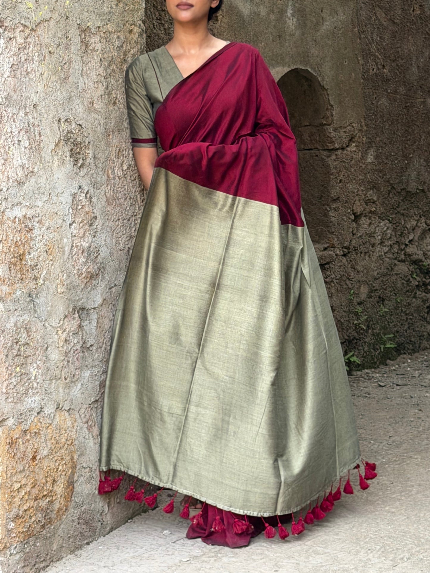 “Tarini” Maroon Saree with Stitched Blouse (combo set)