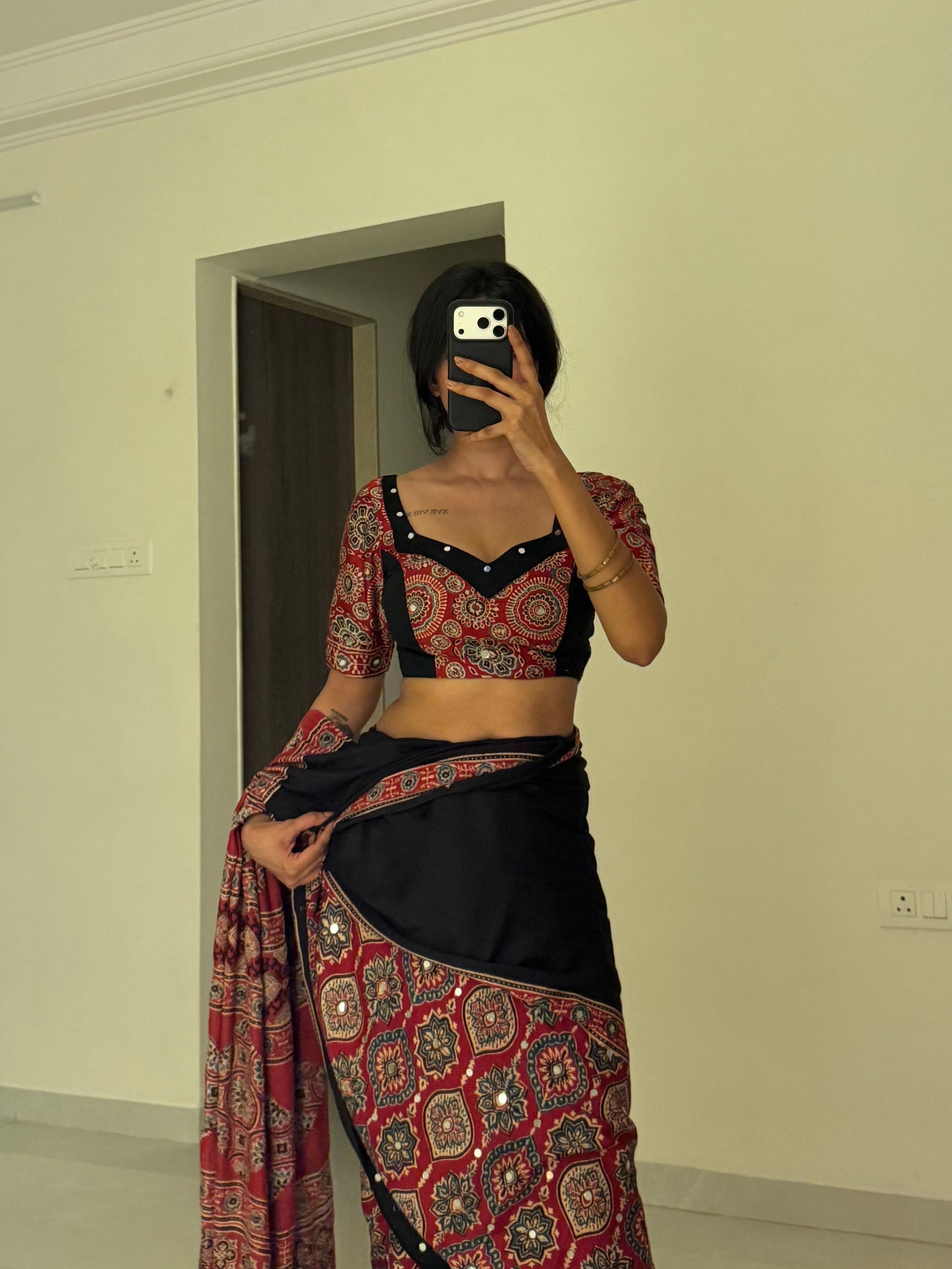 “Nazar red” Sheesha saree with stitched blouse (Combo set) Dispatch date : 5th July,2026