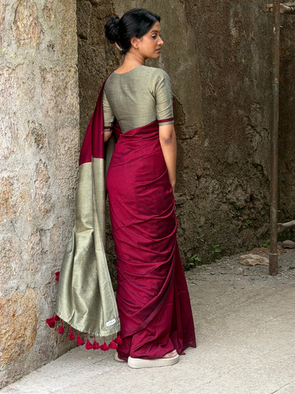 “Tarini” Maroon Saree with Stitched Blouse (combo set)