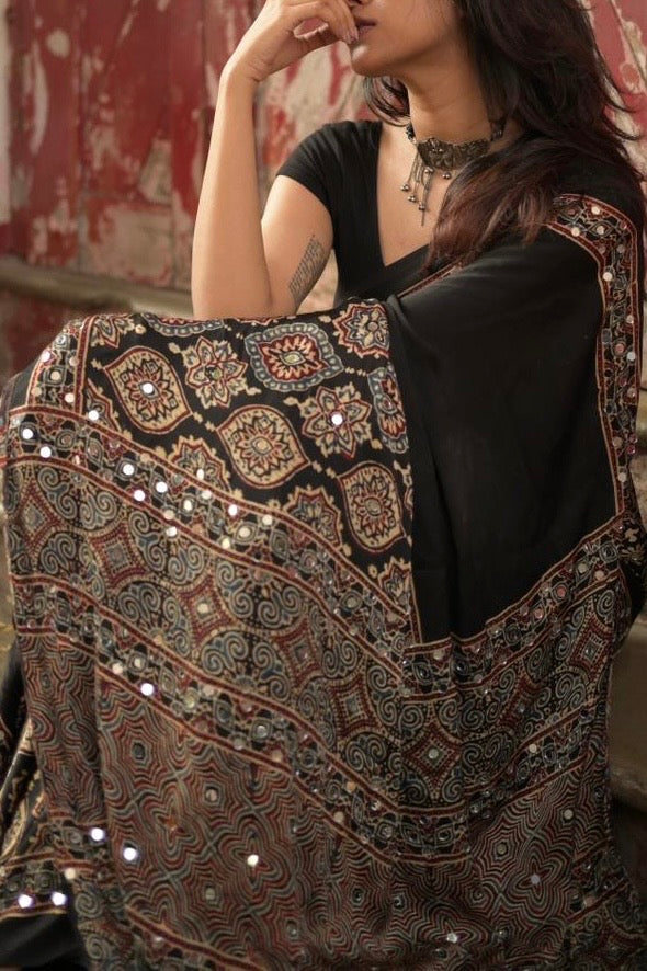 Nazar Black Sheesha Ajrakh Saree