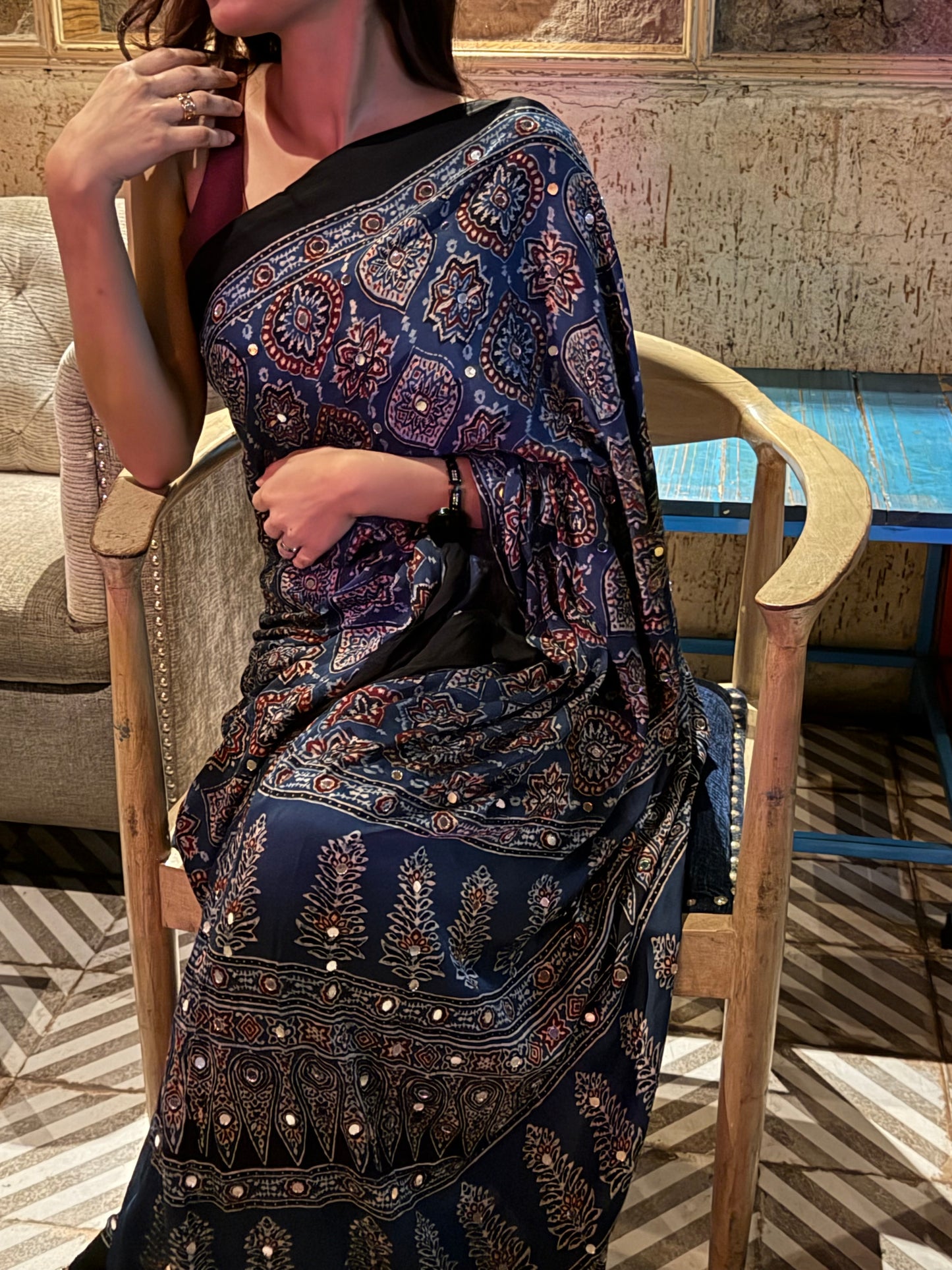 Neelkanth Indigo Blue "Sheesha" Ajrakh Saree with unstitched blouse [Dispatch date : 25th June, 2026]