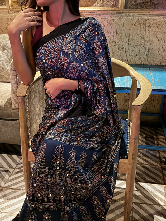 Neelkanth Indigo Blue "Sheesha" Ajrakh Saree with unstitched blouse [Dispatch date : 25th June, 2026]