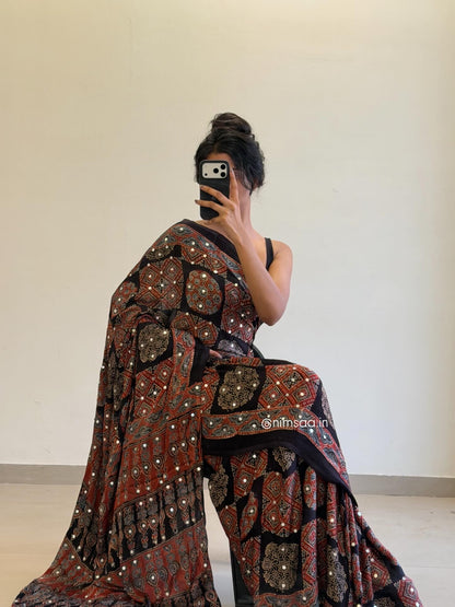 Marie Sheesha Ajrakh Modal Silk Saree along with unstitched blouse