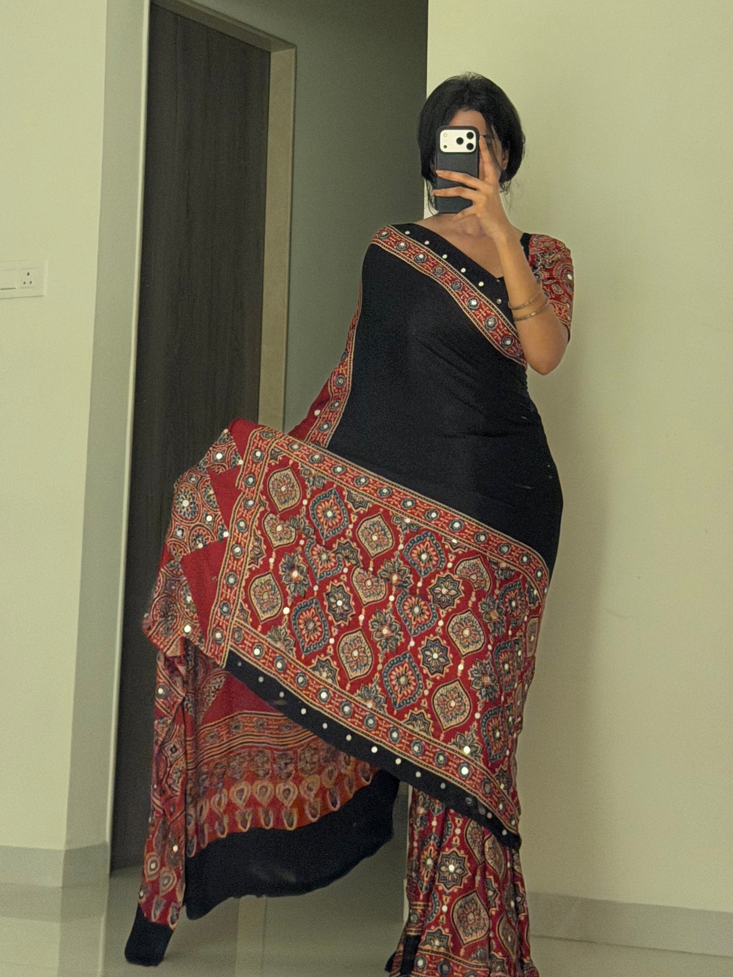 “Nazar red” Sheesha saree with stitched blouse (Combo set) Dispatch date : 5th July,2026