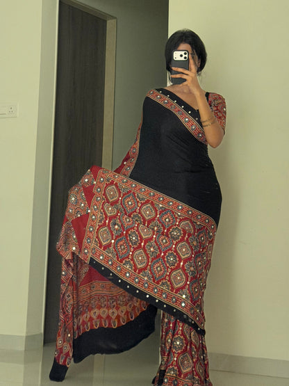 “Nazar red” Sheesha saree with stitched blouse (Combo set) Dispatch date : 5th July,2026