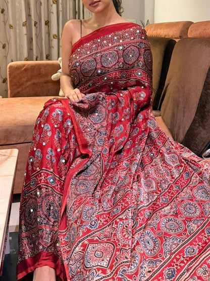 Netra Rusty Red "Sheesha" Ajrakh Saree along with unstitched blouse [Dispatch date : 25th June, 2026]