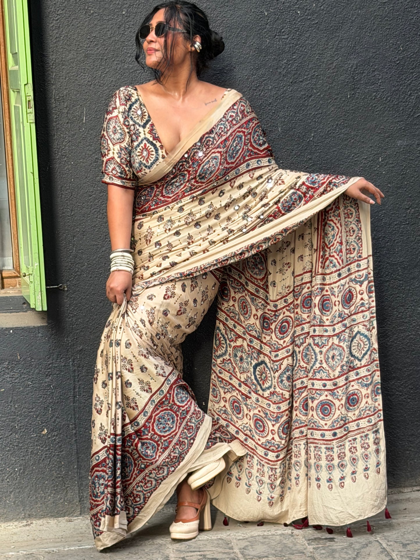 Niharika Cream Sheesha Ajrakh Stitch Blouse Combo Set [Dispatch date : 25th June, 2026]