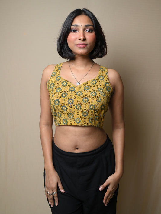 Yellow Leaf Neck Ajrakh Crop Top