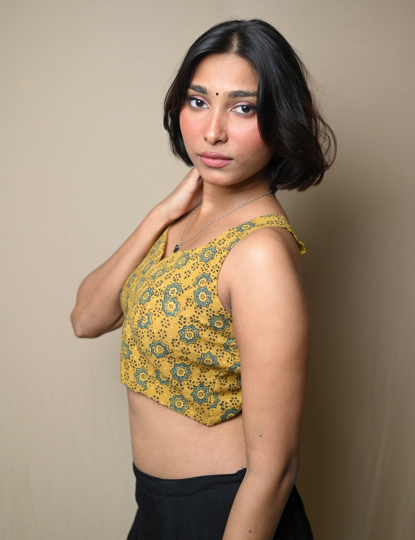Yellow Leaf Neck Ajrakh Crop Top