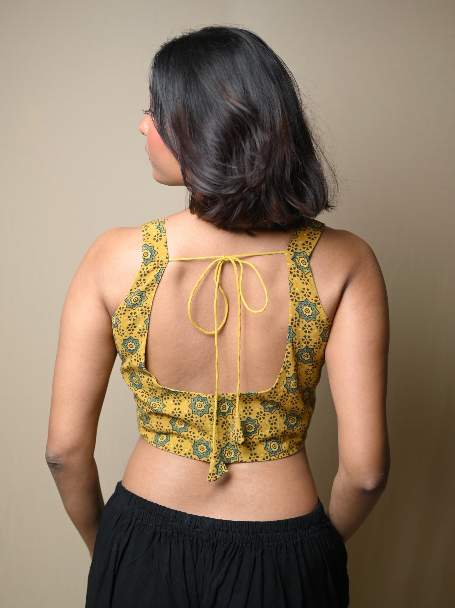 Yellow Leaf Neck Ajrakh Crop Top