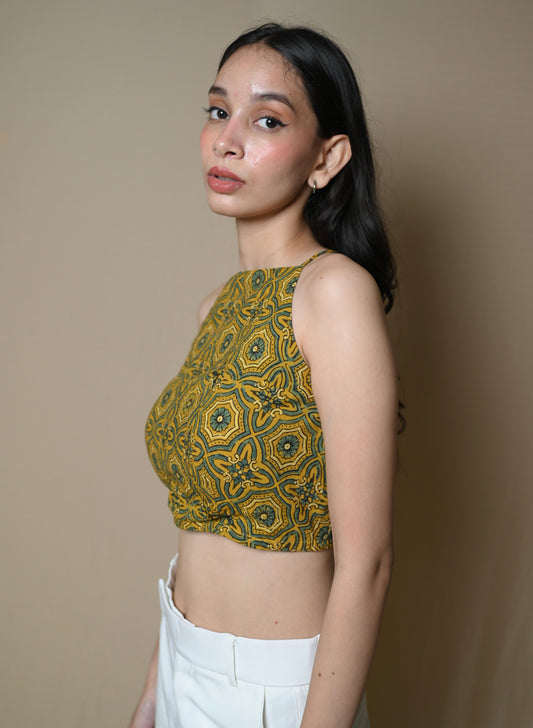 Yellow Green Criss Cross Ajrakh Crop Top