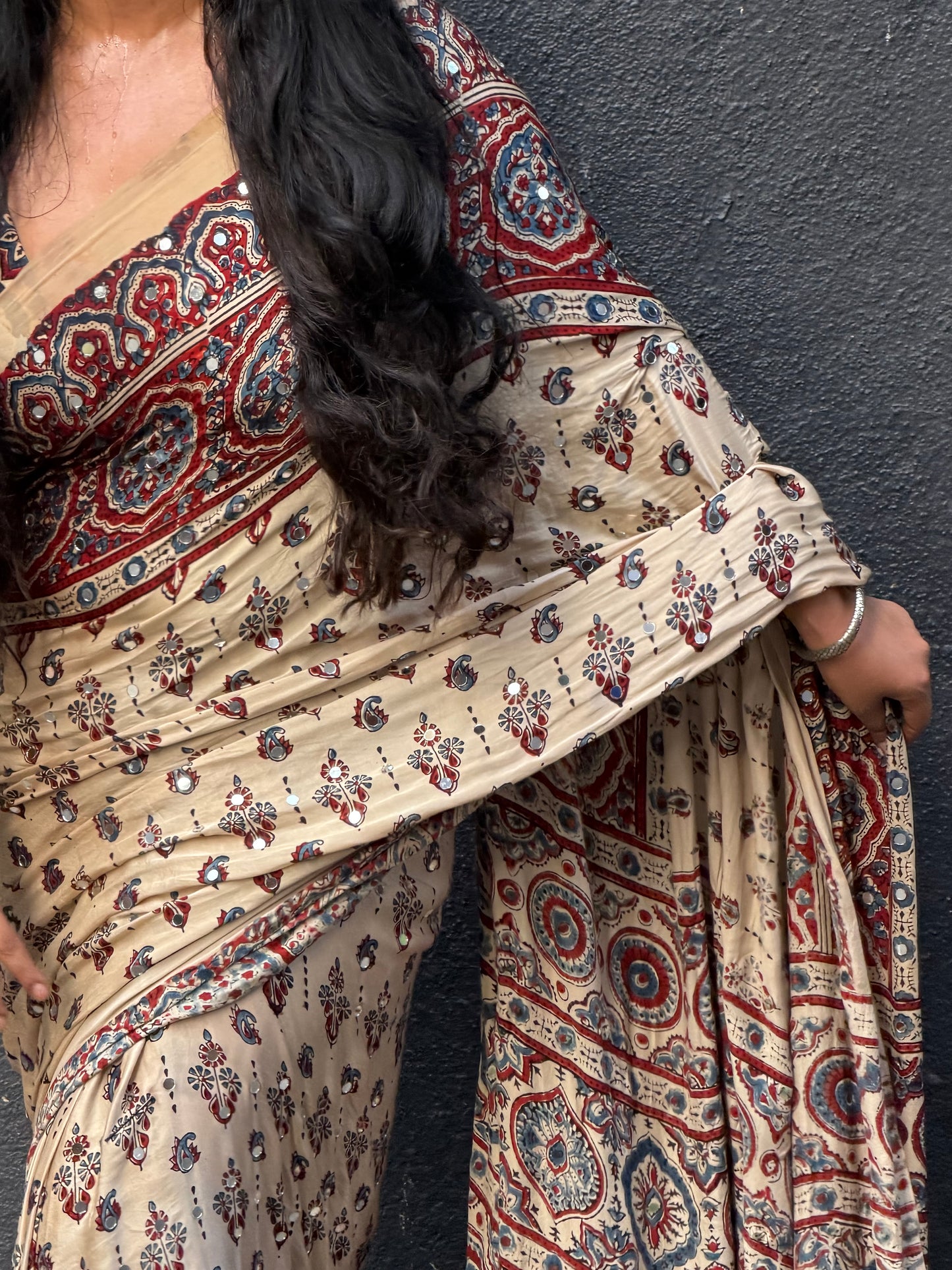Niharika Cream Sheesha Ajrakh Stitch Blouse Combo Set [Dispatch date : 25th June, 2026]