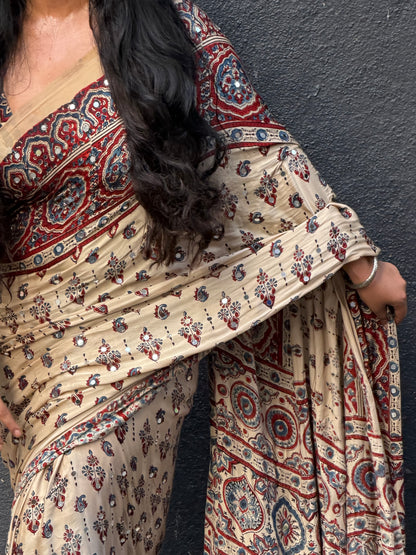 Niharika Cream Sheesha Ajrakh Stitch Blouse Combo Set [Dispatch date : 25th June, 2026]