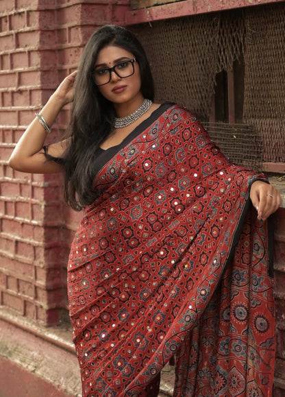 Rooh Rusty Red "Sheesha" Ajrakh Saree with unstitched blouse [Dispatch date : 15th July, 2026]