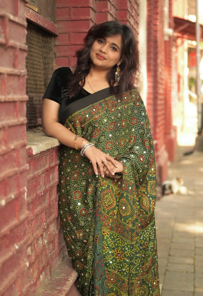 Baag Green "Sheesha" Ajrakh Saree along with unstitched blouse. [Dispatch date : 5th July, 2026]
