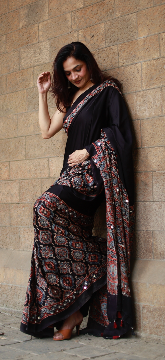 Nazar Black Sheesha Ajrakh Saree along with unstitched blouse  [Dispatch date : 25th June, 2026]