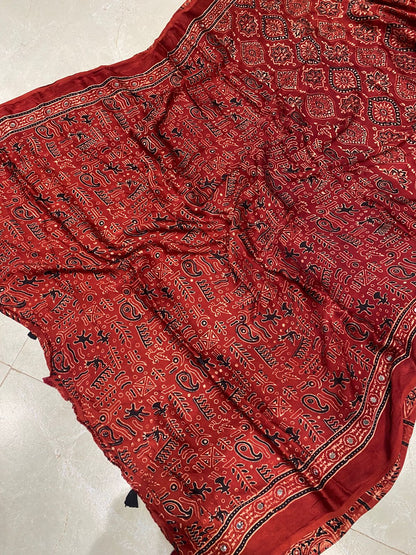 Sindoor Red Rust "Sheesha" Ajrakh Mirror Saree along with unstitched blouse [Dispatch date : 25th June, 2026]