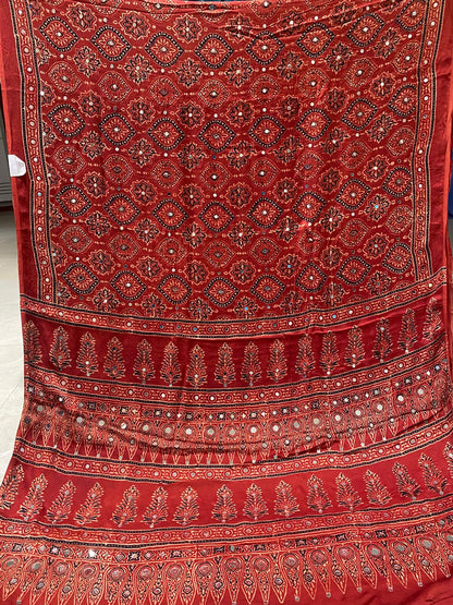 Sindoor Red Rust "Sheesha" Ajrakh Mirror Saree along with unstitched blouse [Dispatch date : 25th June, 2026]