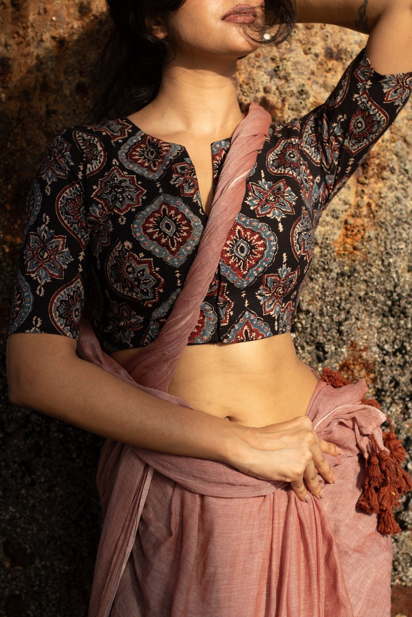 “Rachita” stitched blouse with “Komal” pinkish brown plain mulmul saree [Dispatch date : 15th July, 2026]