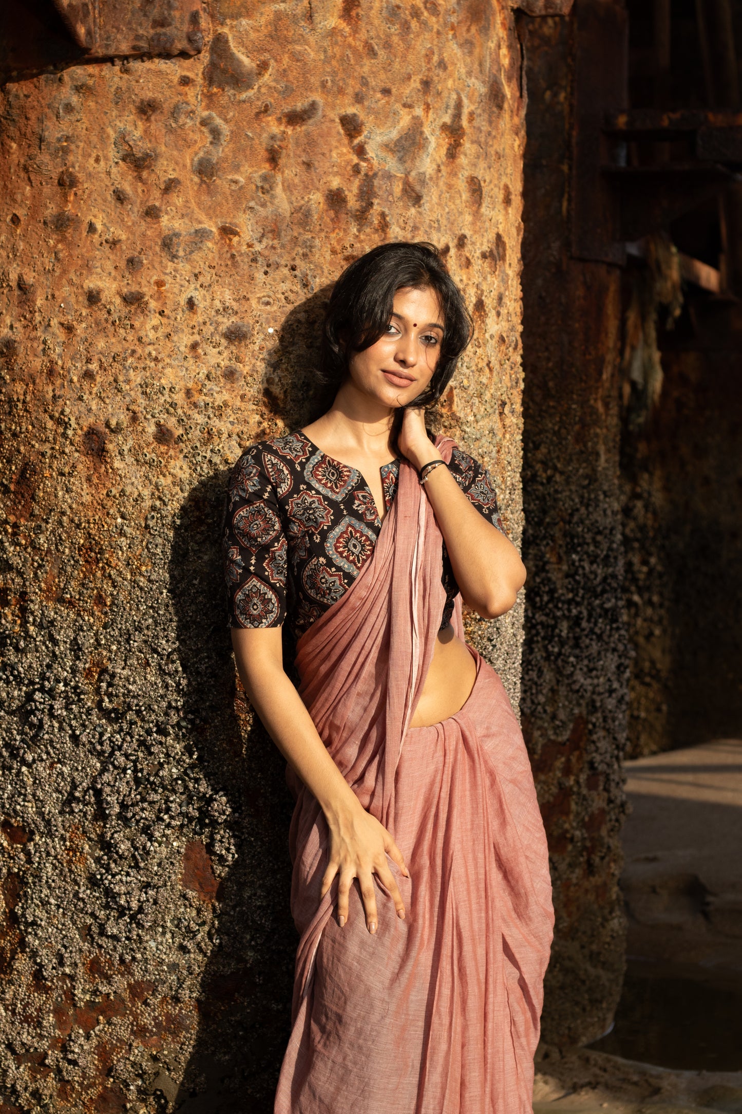 “Rachita” stitched blouse with “Komal” pinkish brown plain mulmul saree [Dispatch date : 15th July, 2026]