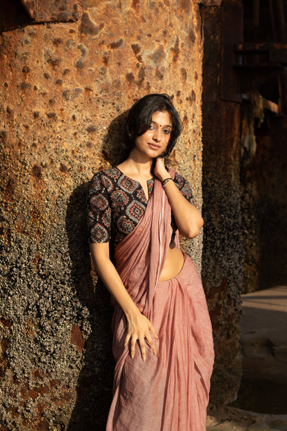 “Rachita” stitched blouse with “Komal” pinkish brown plain mulmul saree [Dispatch date : 15th July, 2026]