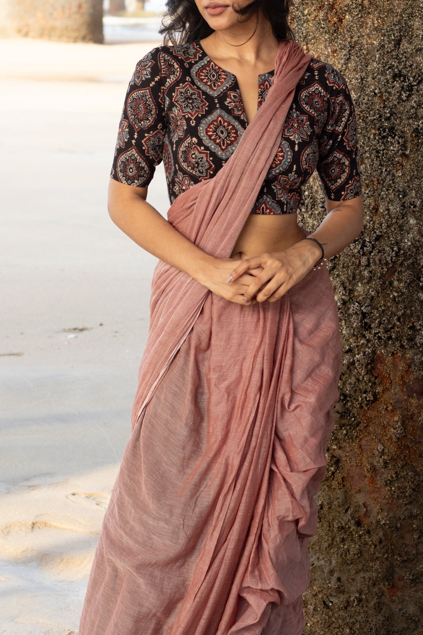 “Rachita” stitched blouse with “Komal” pinkish brown plain mulmul saree [Dispatch date : 15th July, 2026]
