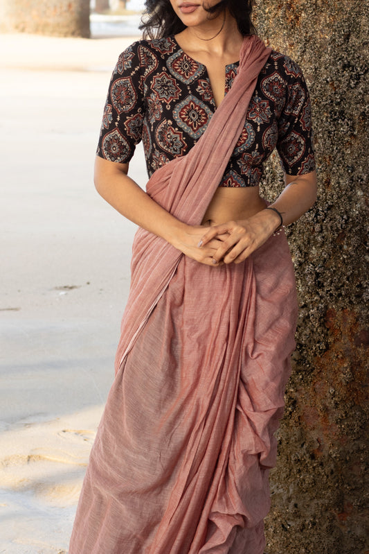 “Rachita” stitched blouse with “Komal” pinkish brown plain mulmul saree [Dispatch Start : 20th May , 2026]