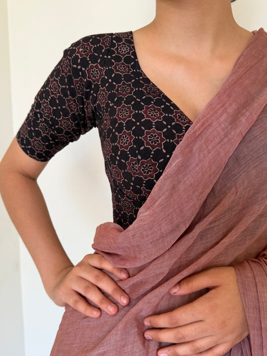 “Gulzar” stitched blouse with “Komal” pinkish brown mulmul saree [Dispatch Start : 20th May , 2026]