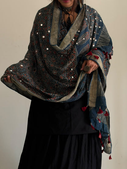 Blue ajrakh mirror duppata