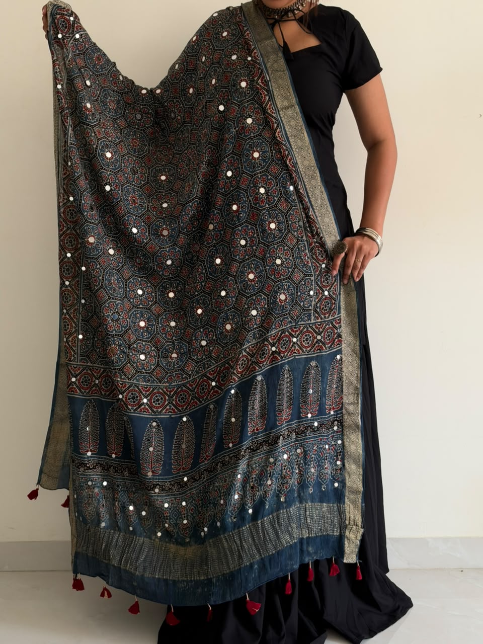 Blue ajrakh mirror duppata
