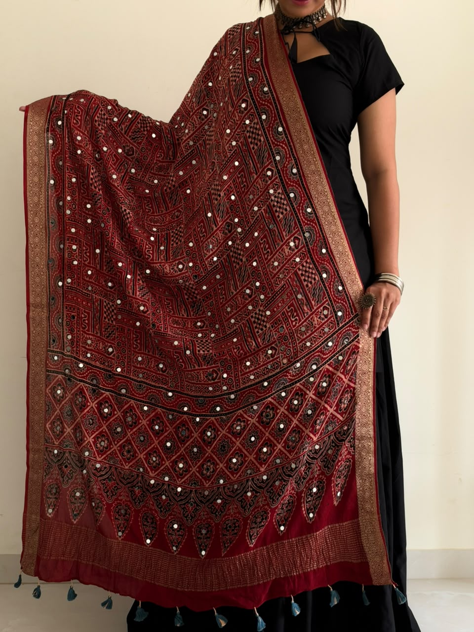 Red ajrakh mirror duppata