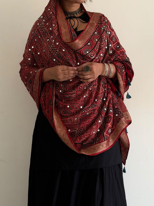 Red ajrakh mirror duppata