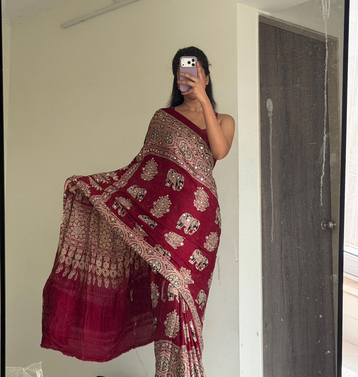 “Riya” Maroon Sheesha saree with unstitched blouse [Dispatch Begins By : 25th September, 2026]