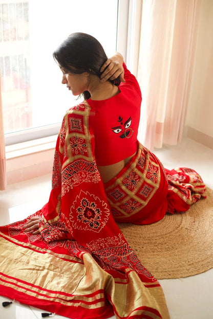 Pooja Gharchola saree with Durga maa blouse combo set