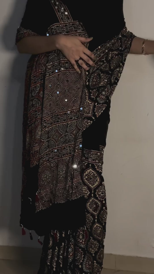 Nazar Black Sheesha Ajrakh Saree