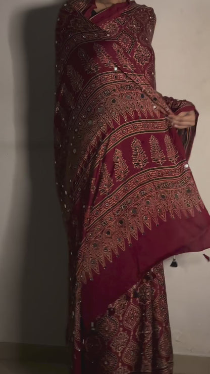 Sindoor Red Rust "Sheesha" Ajrakh Mirror Saree along with unstitched blouse [Dispatch date : 25th June, 2026]