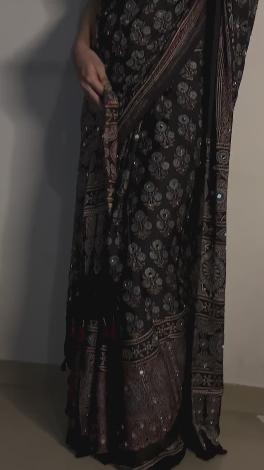 Netra black "Sheesha" Ajrakh Saree [Dispatch Begins: 25th January 2026]