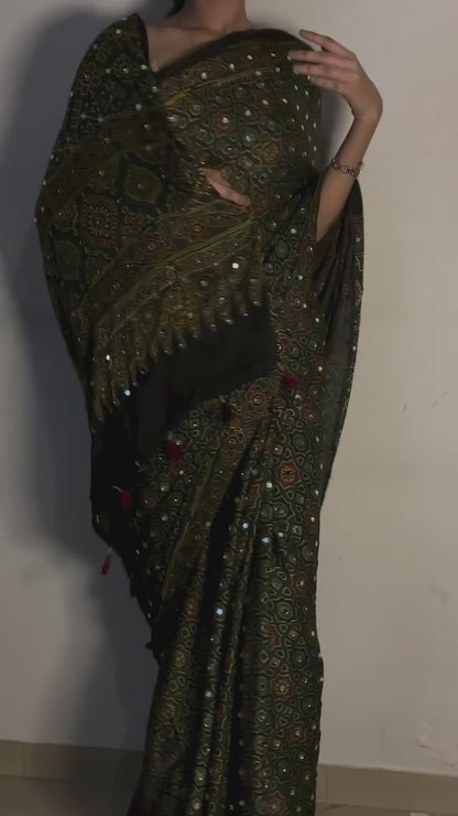 Baag Green "Sheesha" Ajrakh Saree along with unstitched blouse. [Dispatch date : 5th July, 2026]