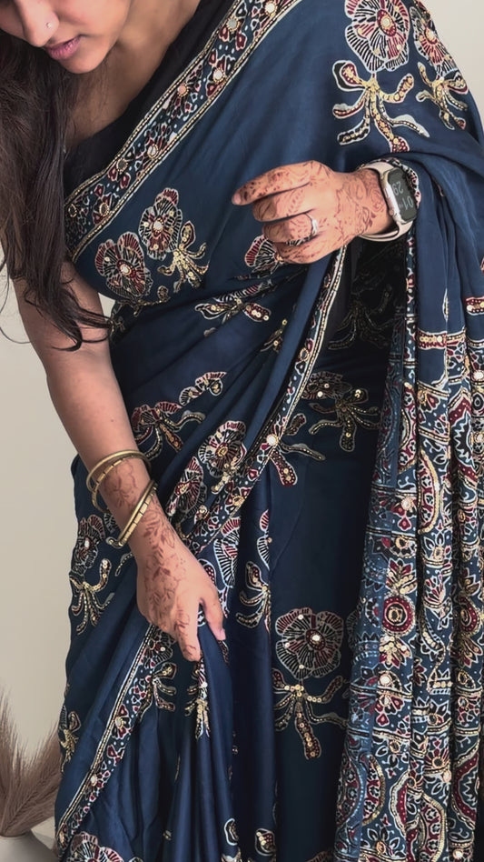 Nirali HandWork Ajrakh Modal Silk Saree (Dispatch date : 25th June, 2026)