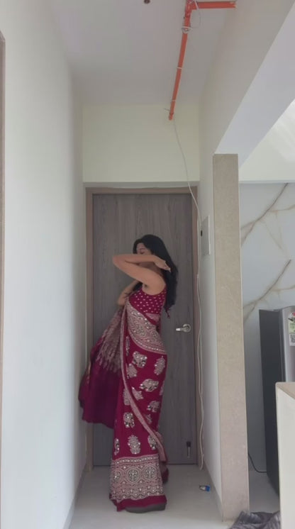 “Riya” Maroon Sheesha saree with unstitched blouse [Dispatch Begins By : 25th September, 2026]