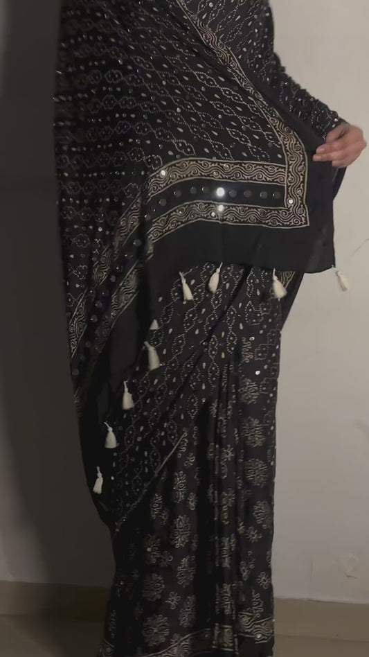 Sakina black "Sheesha" Ajrakh Mirror Saree [Dispatch Begins: 25th December 2025]