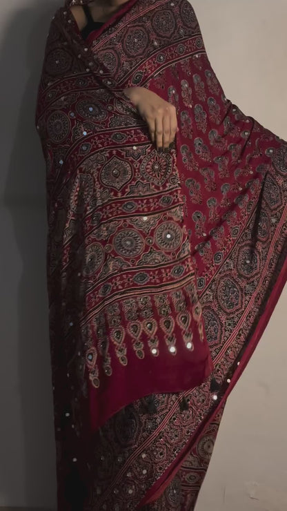 Netra Rusty Red "Sheesha" Ajrakh Saree along with unstitched blouse [Dispatch date : 25th June, 2026]