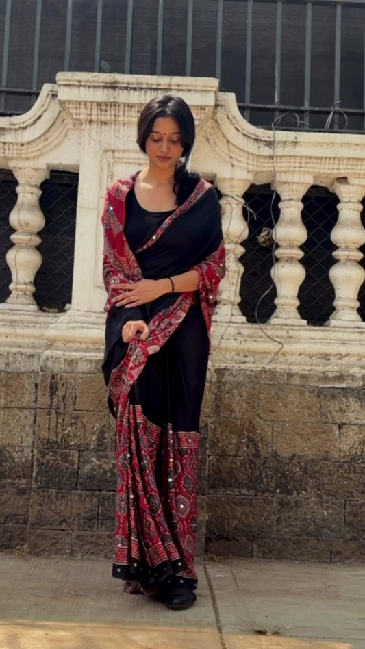 Nazar Red Sheesha Ajrakh Saree along with unstitched blouse {Dispatch date : 15th June, 2026}